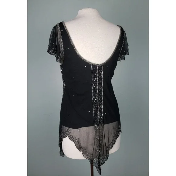 VTG Scala Womens L Beaded Y2K Camisole Top Fairy Whimsical Sequins Sparkly Black - Picture 2 of 9